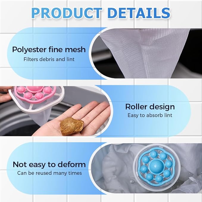 3PCS Floating Hair Filtering Mesh Removal, Reusable Lint Catcher for Washing Machine Wool Device, Pet Hair Remover Hair Filter Cleaning Mesh Bag (Pink)