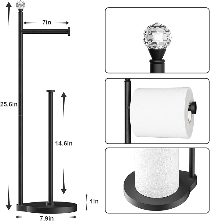 KASUNTO Toilet Paper Holder for Bathroom, Heavy Weighted Metal Free Standing Toilet Paper Storage with Crystal Ball, Toilet Paper Stand for Bathroom Accessories, Matte Black [Holds MEGA Rolls]