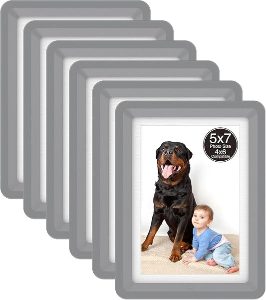 6-Pack 5x7 Picture Frame or 4x6 with Mat – Shatterproof Plastic Picture Frames for Family, Nursery & Playroom, Wall & Tabletop Frame for Home or Office, Safe Lightweight Design, Graphite Mist