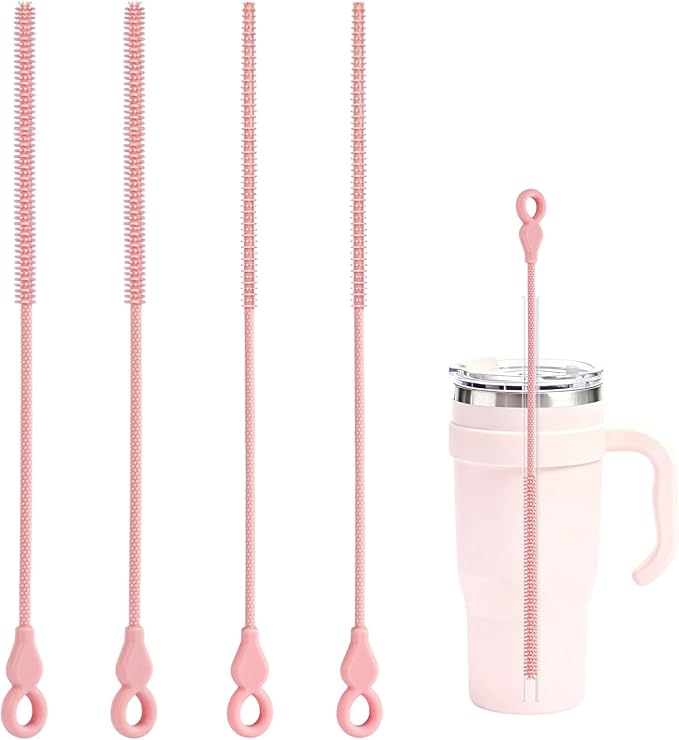 TenderBloom Silicone Straw Cleaner Brush, 4-Piece Reusable Straw Brush Set with Extra-Long Design for Cleaning Thin Metal Straws and Wider Milkshake Straws （6mm+9mm Pink)