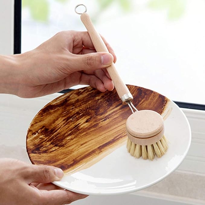 5 Pack Natural Bamboo Cleaning Brush Set, Pot Dish Scrub Brush with Handle and Flannel Bag Kitchen Brushes for Cast Iron Pots, Pans, Vegetable and Kitchen Cleaning