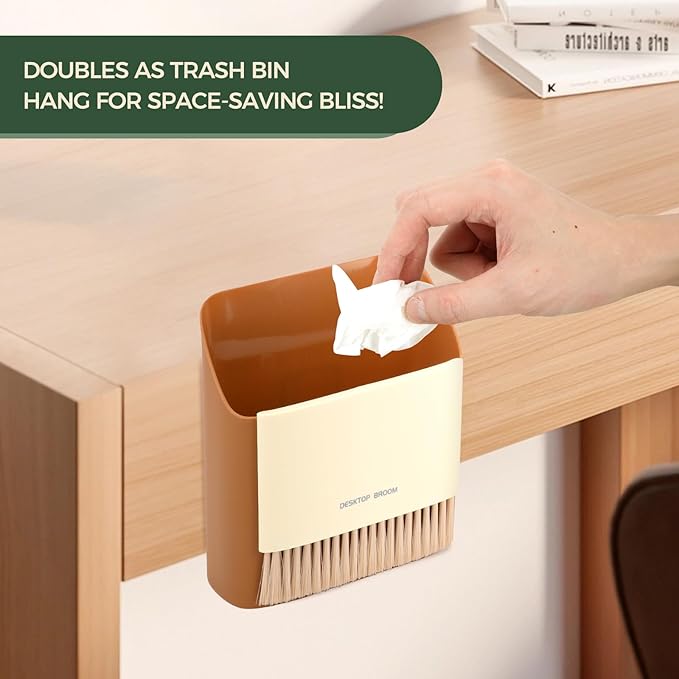SAYAPE Small Broom and Dustpan Set, Portable Hand Whisk Broom Brush, Mini Hanging Trash Can, Soft Bristle Household Brooms with Dust Pan Combo Set for Cleaning Home, Desktops - 2 Pack (Green+Orange)
