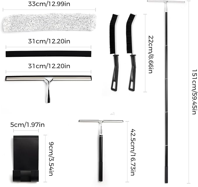 Mesiiloly 59.5" Long Handle Window Squeegee with Extension Pole, 12.4" Wide Metal Shower Squeegee for Glass Doors, Floor Squeegee for Home Window Cleaning, Tile Wall, Car