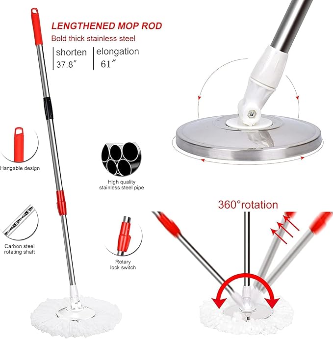 Spin Mop and Bucket with Wringer Set，360° Spin Mop and Bucket System with 3 Replaceable Microfiber Mop 61" Handle Household Cleaning Tools for Wet and Dry,Set of 2