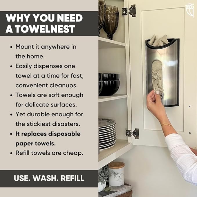 TowelNest Microfiber Cloth Dispenser | 15 Reusable Cloths (White) | Eco-Friendly Paper Towel Alternative | Absorbent & Washable | Wall/Cabinet Mount (3M Adhesive & Screws Included)