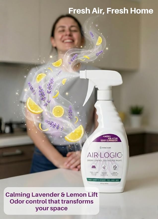 AIRLOGIC Dual-Action Odor Eliminator Spray 32 Fl Oz, Plant-Based Instant Knockdown & Enzymatic Deodorizer for Home, Neutralizes 16 Odor Sources, Bleach-Free, Fabric & Surface Safe, Lavender Lemon