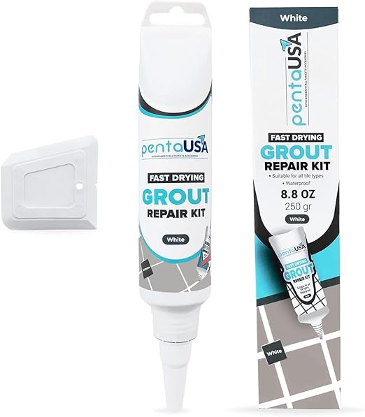 PentaUSA Tile Grout Repair Kit - White Grout Filler, Triple Protection, Fast Drying Formula Restores and Renews Grout Lines with Scraper (White, 8.8oz / 250gr)