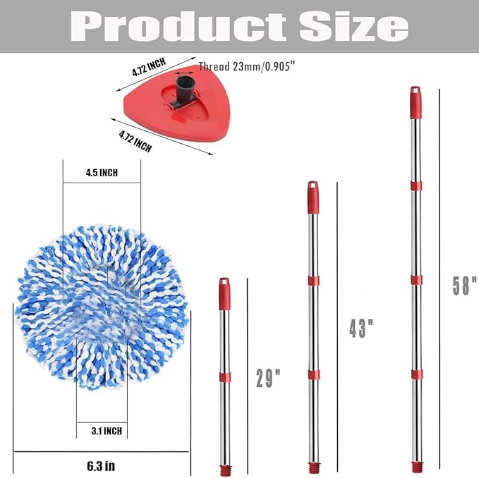 ANREKEYH Spin Mop Replace Head, Base, Handle Compatible with O Cedar EasyWring RinseClean Microfiber Spin Mop, 4 Microfiber Mop Refills, 1 Triangle Mop Base and 58in Mop Handle (Blue (2-Tank System))