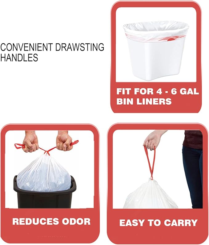 Trash Bags 4-6 Gallon Drawstring, 150 Count, Multifold Roll Garbage Bags, Medium Kitchen Trash Bags, Odorless & Heavy Duty White Plastic Food Scrap Bags for Bathroom Bedroom Office Waste