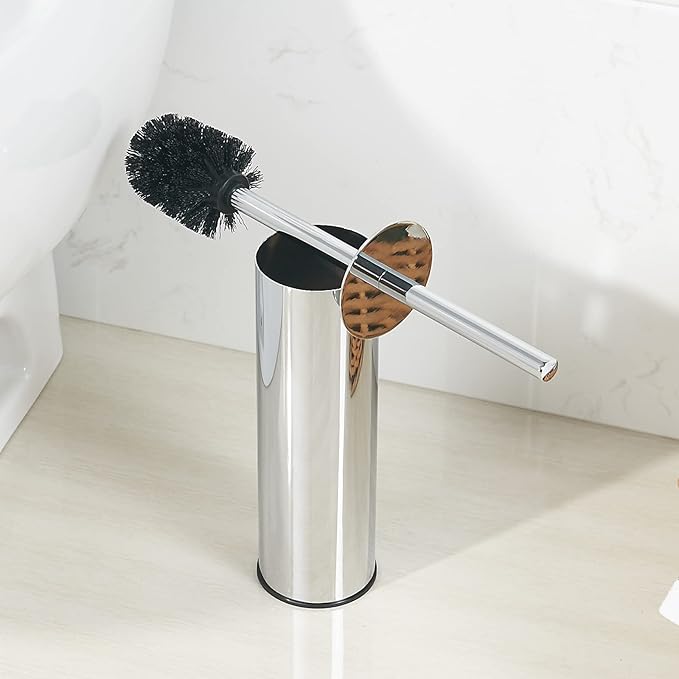 Kelirol Toilet Brush and Holder Set Chrome Stainless Steel, 304 Heavy Duty Round Toilet Brush Set – Rust Resistant, Long Handle, Replacement Heads, Floor Standing Bathroom Toilet Cleaning Brush