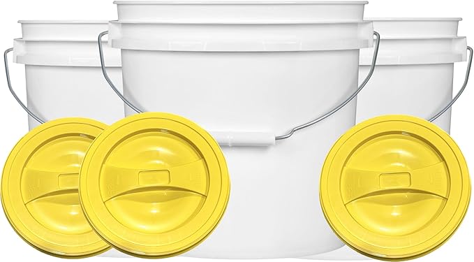House Naturals 2 Gallon White Bucket with Screw on Lid - Pack of 3 Made in USA contrainers (White Buckets with Yellow Lids)