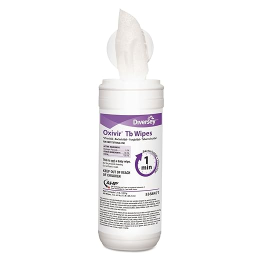 Oxivir Diversey Tb 5388471 Ready-to-Use Disinfectant Cleaning Wipes, Accelerated Hydrogen Peroxide, Large 7x8-Inch Sheets, 60-Wipes, 1-Slim Canister
