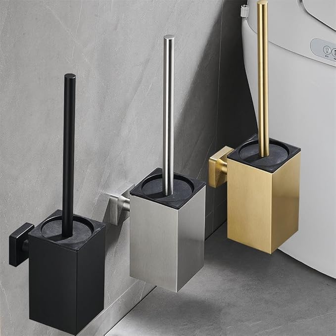 LSWYYP Toilet Bowl Brush and Holder Square,Stainless Steel Square Wall Mounted Toilet Bowl Brush with Lid,Cleaning Toilet Brush Set for Bathroom Brushed Gold