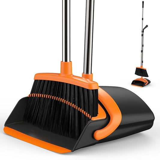 EZKEY Broom and Dustpan Set for Home, 51-in Long Adjustable Handle Angle Broom and Dustpan Combo Set with Dust Pan Teeth to Clean Hair for Home Kitchen Office Lobby Floor Garden, Black Orange