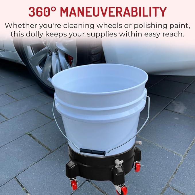 Heavy Duty Car Wash Bucket Dolly with 360° Swivel Casters | Fits 3.5–7 Gallon Buckets | 300 lb Capacity | Soap Holder | Rolling Pail Stand for Auto Detailing |Red