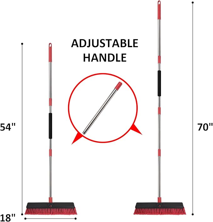 Honclea 18” Push Broom with 70” Adjustable Handle - Heavy Duty Outdoor Broom for Shop, Garage, Patio, Driveway, Yard & Deck Cleaning