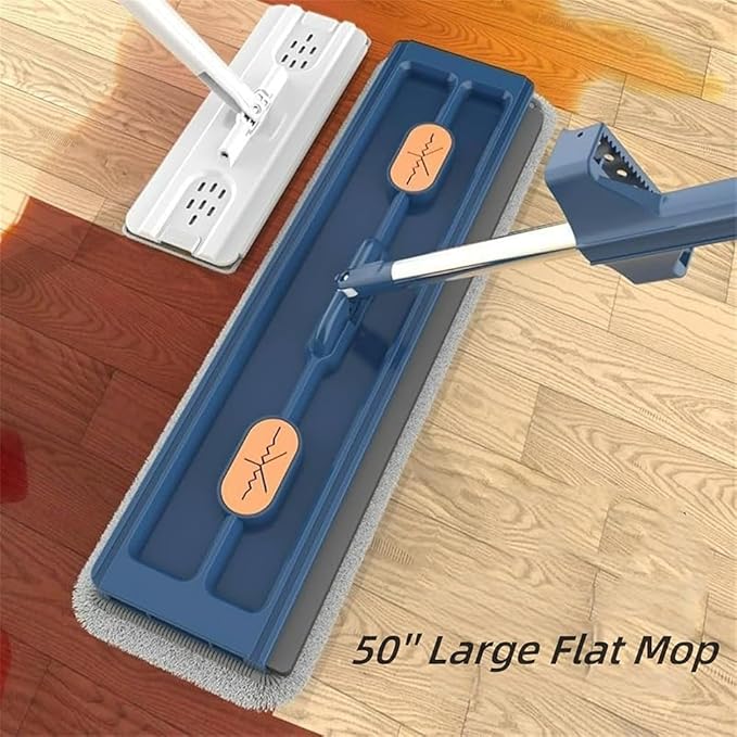 Large Flat Mop, Saker Plus Self Wringing Mop 360° Rotating Flat Mops with Washable Microfiber Pads, Independent Drainage Scraper Floor Cleaning System (White Flat Mop & Bucket Set, 2 Microfiber Pads)