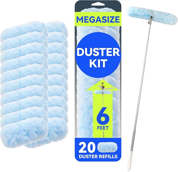 Duster Extended Handle with 20 Pcs Duster Refill, Duster with Extension Pole, Heavy Duty Duster Refills Kit for Ceiling Fan Blades, Cleaning, Dusting, Furniture, Blind, Hard-to-Reach Areas