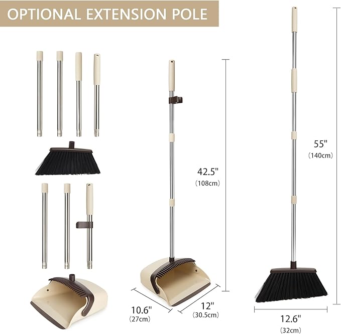 XXFLOWER Broom and Dustpan Set, Dustpans with Broom Combo for Home, Heavy Dust Broom and Dustpan Combo, Long Handle Dust Pan and Broom Set for Kitchen, Office, Pet Hair,Beige, Pack of 1