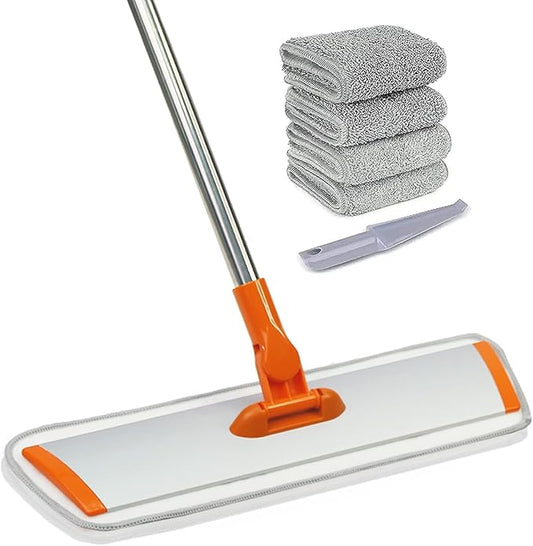 Microfiber Flat Wet-Dry Mop with 51" Adjustable Stainless Steel Handle, 4 Reusable Pads for Wet & Dry Mopping on Hardwood, Tile, Laminate & Vinyl Floors