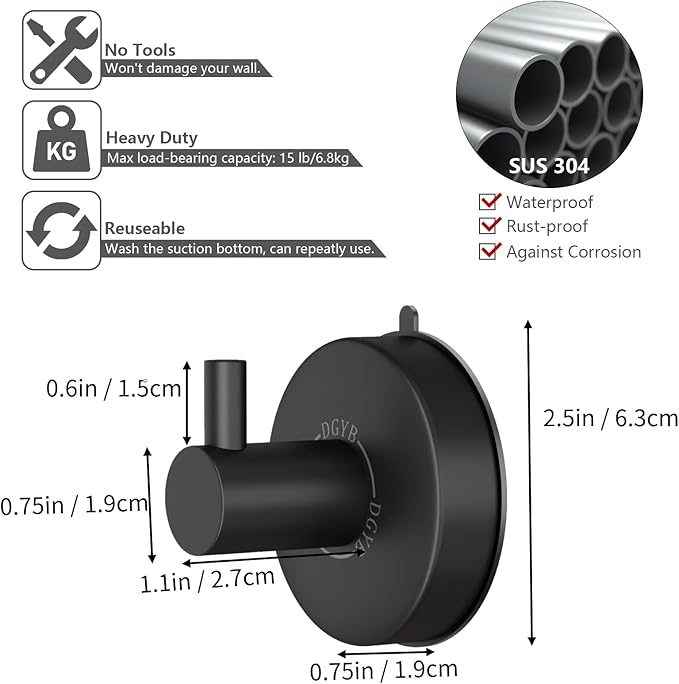 DGYB Suction Cup Hooks for Shower Black Bathroom Hooks Suction Set of 2 Removable Wall Hook for Hanging Towels, Robe, Loofah, Coats