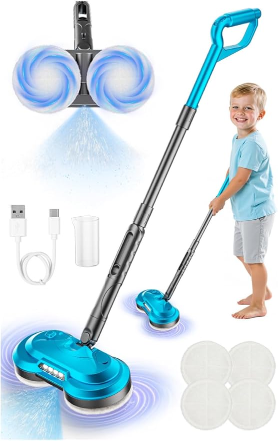 BLAXTEM Kids Toy Electric Spray Spin Mop, Rechargeable Cordless Electric Mop W/ Water Sprayer & LED Headlight for Children Ages 3 4 5 6+ Boys & Girls, Cleaning Toy for Pretend Play (Blue)