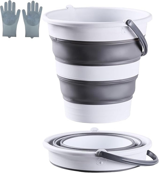 10L /2.6 Gal Large Collapsible Bucket with Handle - Portable Silicone Mop Bucket for Cleaning, Camping, Car Washing - Space-Saving for Outdoor, Fishing, Household – Pair of Silicone Gloves for Free