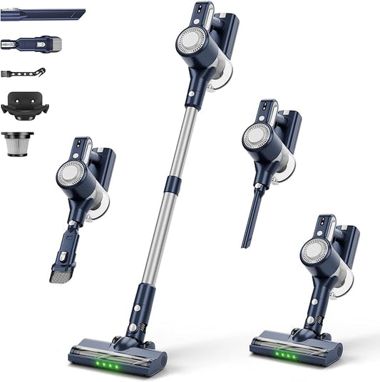 Cordless Vacuum Cleaner, Powerful Suction Vacuum Cleaners for Home, Anti-Tangle Pet Hair Brush, Lightweight, Self-Standing, Green LED Headlight, 6-in-1 Stick Vacuum for Carpet Hardwood Floor-Dark Blue