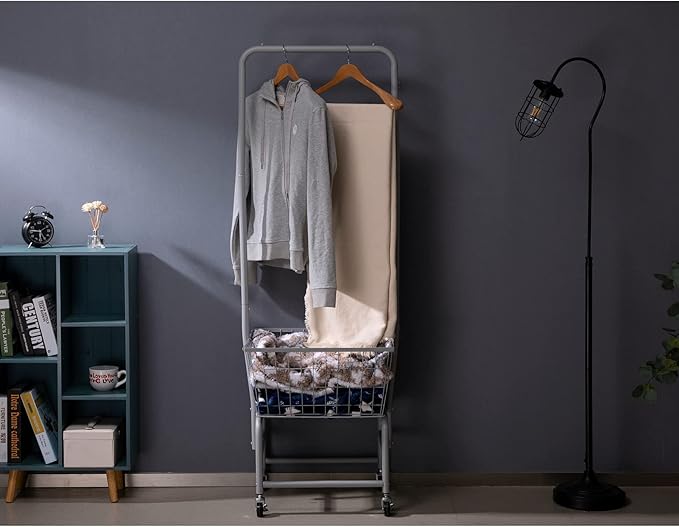 ALIMORDEN Laundry Cart with Clothes Rack, Rolling Laundry Butler with Wire Storage Rack，Grey