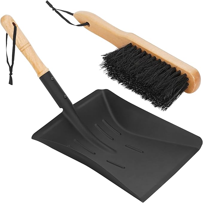 Permade Fireplace Ash Shovel and Brush Set, Coal Shovel and Hearth Brush Set, Fireplace Tools Set Indoor Outdoor Rust Resistant Made of Natural Wood & Coco Bristles for Easy Cleaning