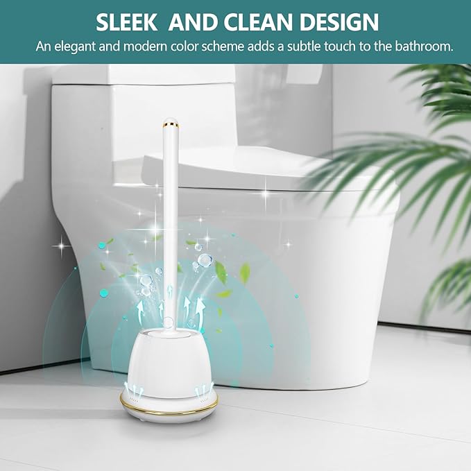 Gold Toilet Brush and Holder Set, Toilet Bowl Brush with Long Handle, Easy to Assemble of Compact Toilet Scrubber, Toilet Brush Set with No Leaks Have Vent, Stylish Gold Bathroom Accessories. U