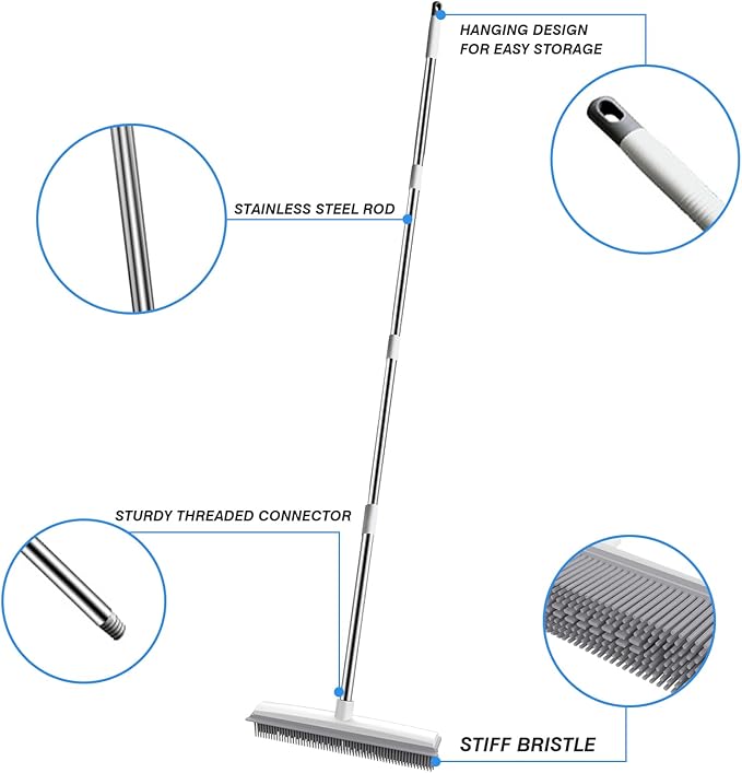 Rubber Broom with Built in Squeegee, Carpet Rake for Pet Hair Removal, Fur Remover Broom with 51" Adjustable Long Handle, Soft Push Broom for Carpet, Hardwood Floor, Tile