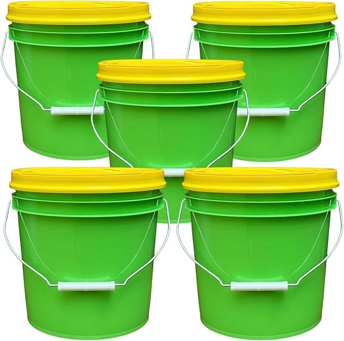 House Naturals 2 Gallon Food Grade - BPA Free Made in USA Buckets Lime Color pails with Screw On Gasket Lids (5, Lime - Yellow lids)