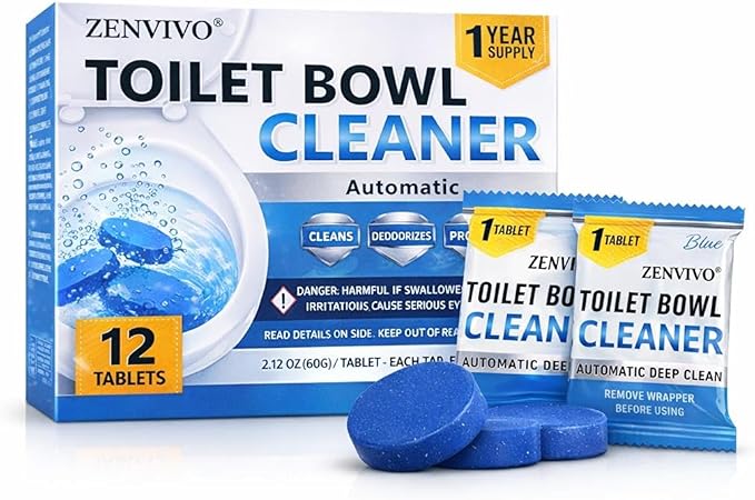 ZENVIVIO Automatic Toilet Bowl Cleaner Tablets, Blue Gel Toilet Tank Cleaners, Septic-Safe Hard Water Ring Stain Remover, Heavy Duty Toilet Deodorizer & Smell Eliminator, Fresh Scent, 12 Tabs