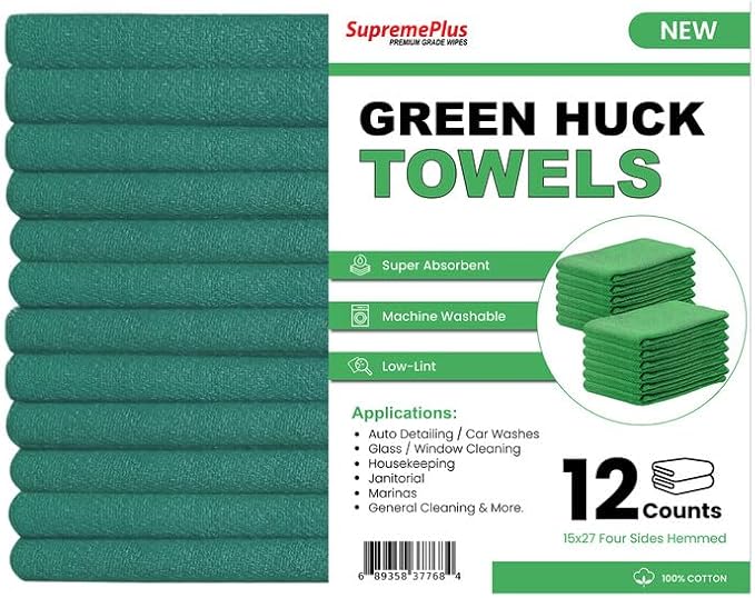 Premium Green Huck Towels – (12 Pack) 15 x 27 inches 100% Cotton Bulk Towel for General Cleaning, Auto Shop, and Hospital Use, Super Absorbent, Machine Washable Cloth