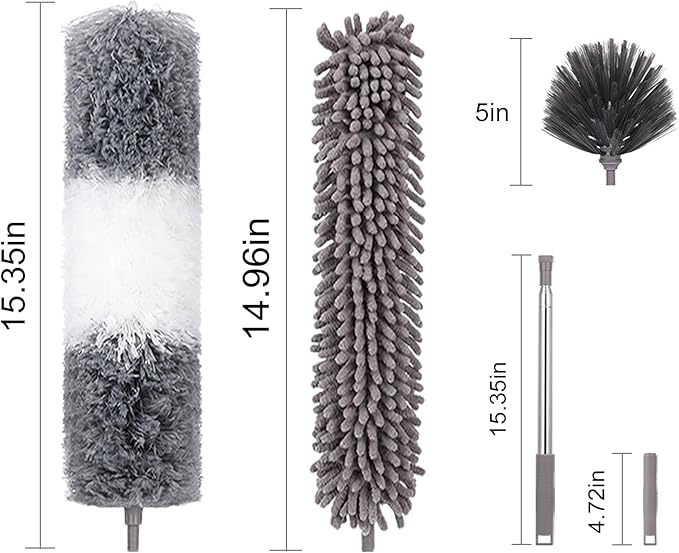5Pcs Dusters for Cleaning, with Microfiber Duster, Ceiling Fan Brush, Cobweb Duster, 100in Stainless Steel Extension Pole, Bendable Extendable Duster for High Ceilings, Gap Dust Wet or Dry