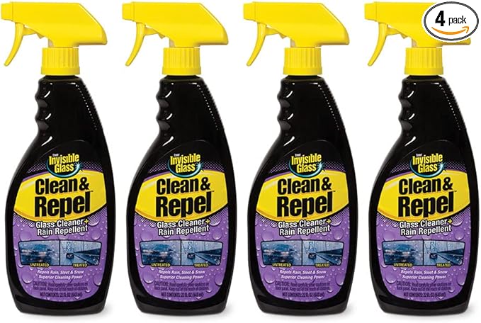 Invisible Glass 92184-4PK Premium Glass Cleaner with Rain Repellent for Exterior Automotive Glass and Windshields to Shield Against Rain, Snow, and Sleet, 22 Fl Oz, Pack of 4