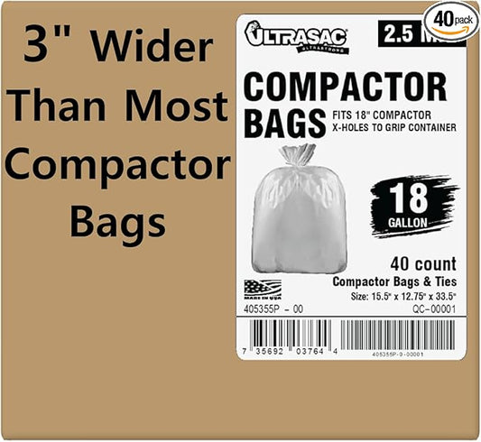 Ultrasac 18 Gallon Compactor Bags (40 Pack with Ties) For 18 Inch Compactors - 28.25" x 33.5" Heavy Duty 2.5 MIL Garbage Disposal Bags Compatible with Whirlpool
