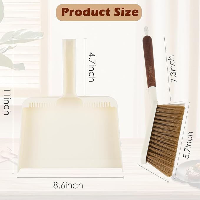 QUIVIX Hand Broom and Dustpan Set,Portable Small Dustpan and Brush Set with Sapele Wood Handle,Teeth Design,Compact Hangable Broom with Dustpan for Cleaning Desktops Kitchen Sofa Pet Hair,Beige