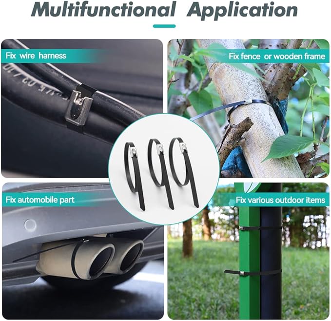 Metal Zip Ties Black 11.8 inch 100pcs 304 Stainless Steel Epoxy Coated Locking Cable 300mm Heavy Duty Exhaust Wrap Multi Purpose Binding for machinery, vehicles, farms, cables, pipes,Fence