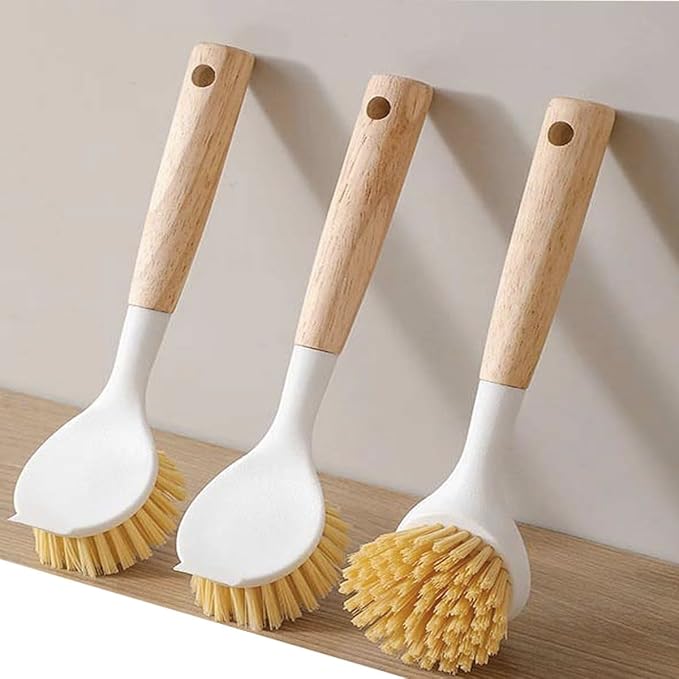 3 Pack Dish Brush Set with Bamboo Handle,Dish Scrubber Built-in Scraper, Scrub Brush for Pans, Pots, Kitchen Sink Cleaning with Tough Bristles for Cleaning Cast Iron Cookware