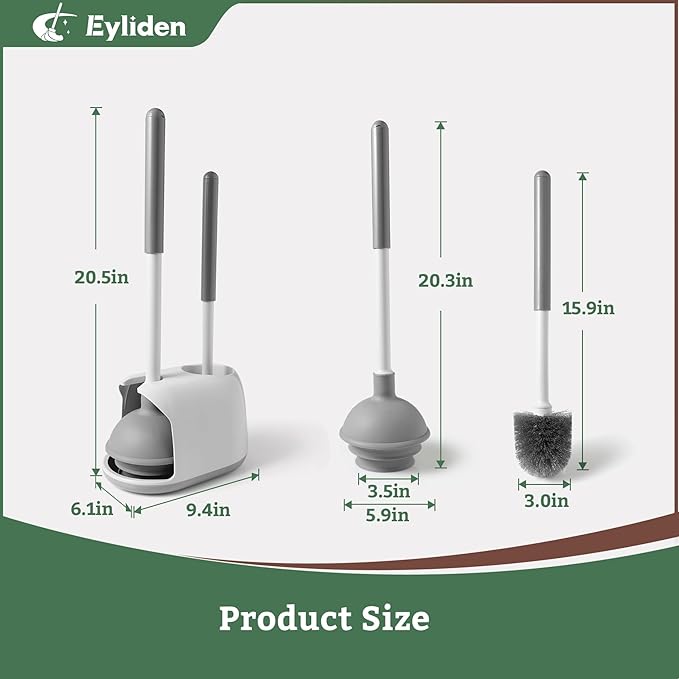Eyliden 2 Pack Toilet Plunger & Brush Set, Upgrade 3-Step Suction Cup - Ultra-Tight Seal, Durable, Space-Saving Toilet Deep Cleaning Combo with Holder, Bathroom Essentials (2 Pack, White & Grey)