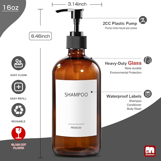GMISUN Glass Shampoo and Conditioner Dispenser, Shower Soap Dispenser Bottles with Labels, Refillable Shampoo Conditioner Body Wash Dispensers, Amber Glass Soap Pump Dispenser Set for Bathroom Shower
