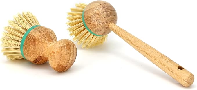 TOPULORS Set of 3 Bamboo Dish Scrub Brushes Wooden Handle Stiff Bristles Scrubbers for Cast Iron Pans Pots Vegetables Sink Cleaning - Durable Kitchen Dish Washing Brush (2 Mini and 1 Long Handle)…
