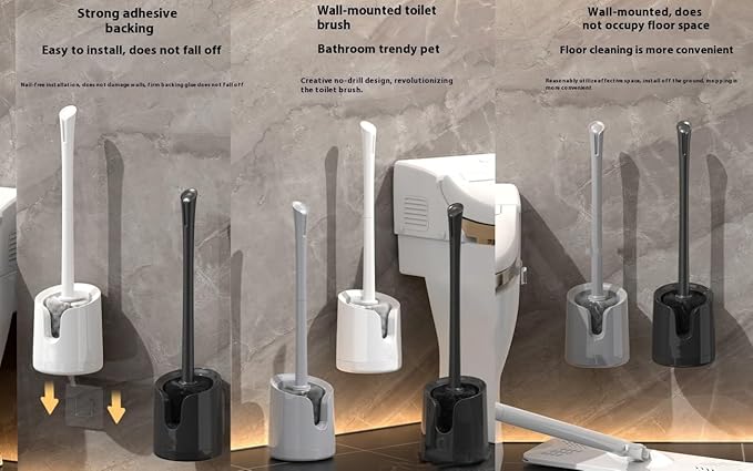 Wall Mounted Toilet Brush Set with No-Drill Adhesive & Drip-Free Tray Space-Saving Toilet Cleaning Brush Holder Deep CleansNoMessStorageSlides Under Sinks (Black)