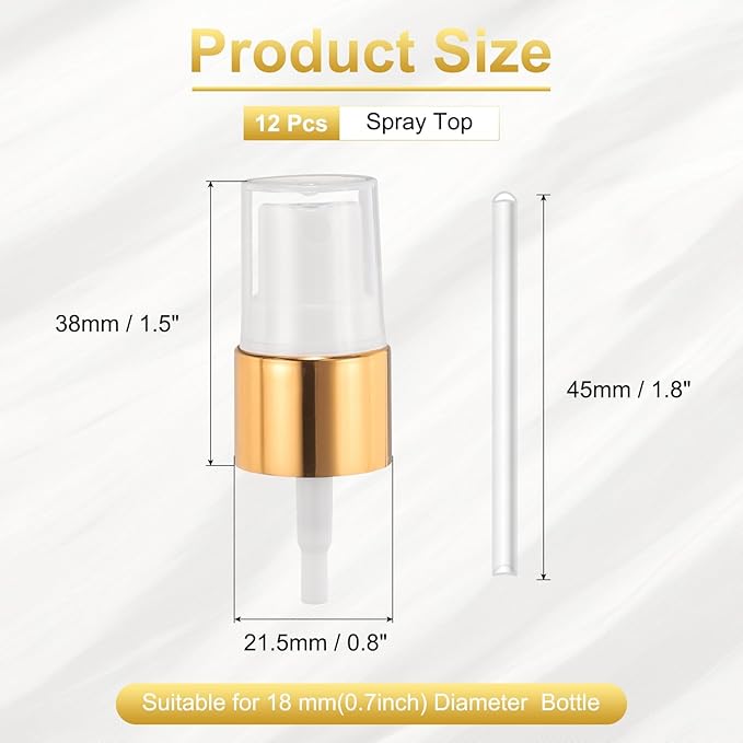 uxcell 12 Pcs Gold White Spray Top, 18/410 Fine Mist Sprayer Reusable Replacement Spray Bottle Pump Plastic Top for Cosmetic Perfume and Body Sprays Bottle