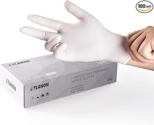LANON Food Safe White Disposable Nitrile Gloves, Latex-Free, Powder-Free, Textured Fingertips, Cooking, Cleaning, Large