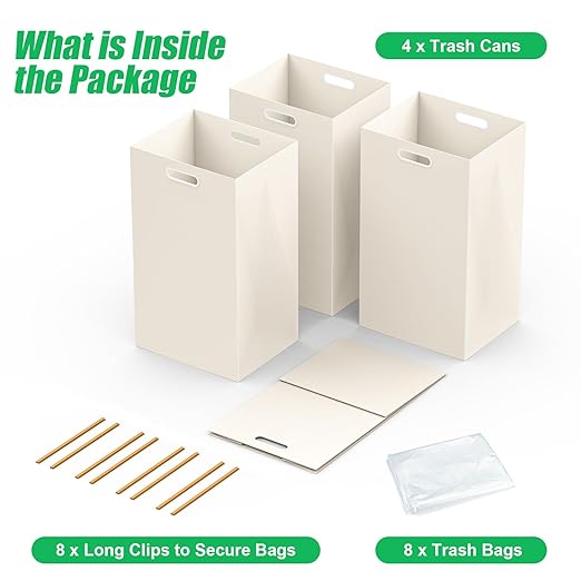 13 Gallon Disposable Trash Cans with Built-in Handles, 4 Pack Extra Large Portable Trash Can, Waterproof Layer Reusable Garbage Cans, Extra-Thick Cardboard Recycling Bins, Perfect for Parties, White