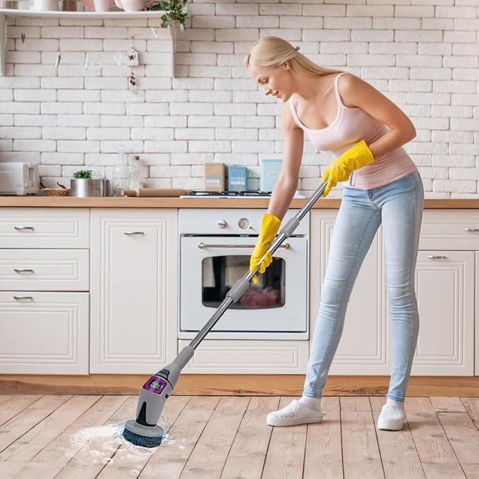 10 in 1 Electric Spin Scrubber, Bathroom Electric Cleaning Brush 10 Replacement Head, Cordless Shower Cleaning Brush with Extension Arm, IPX7 Waterproof Electric Scrubber, LED Screen