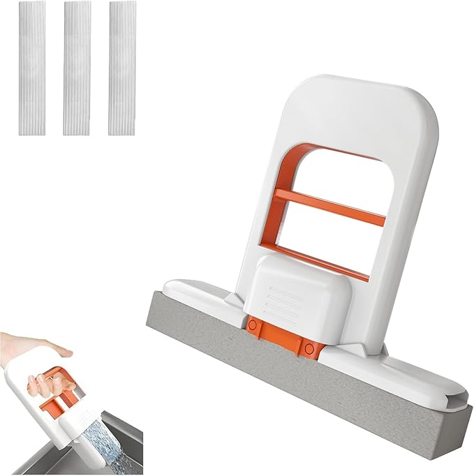 Mini Foldable Desktop Mop, 2025 New Self-Squeezing Sponge Mop for Small Spaces- No Touch Wringing, Wet/Dry Use on Kitchen Countertops, Bathroom Tiles, Glass, Car Interiors(Black+ Sponge Head*3)